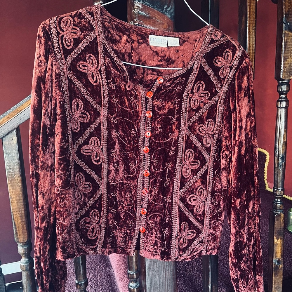 More originals Crushed Velvet Long Sleeve Top in Burgundy